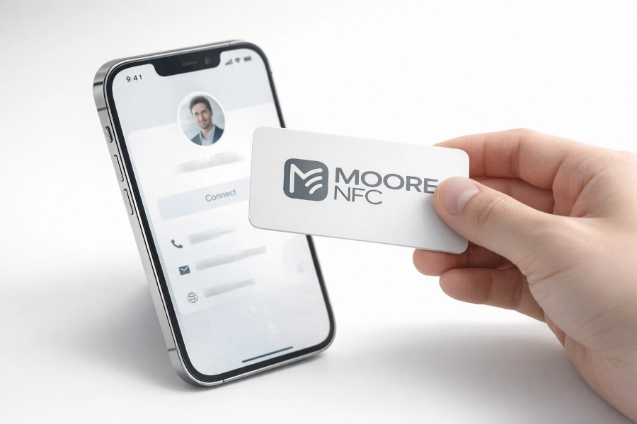 Tarjeta de visita NFC Moore conectando con móvil para compartir datos de contacto sin apps