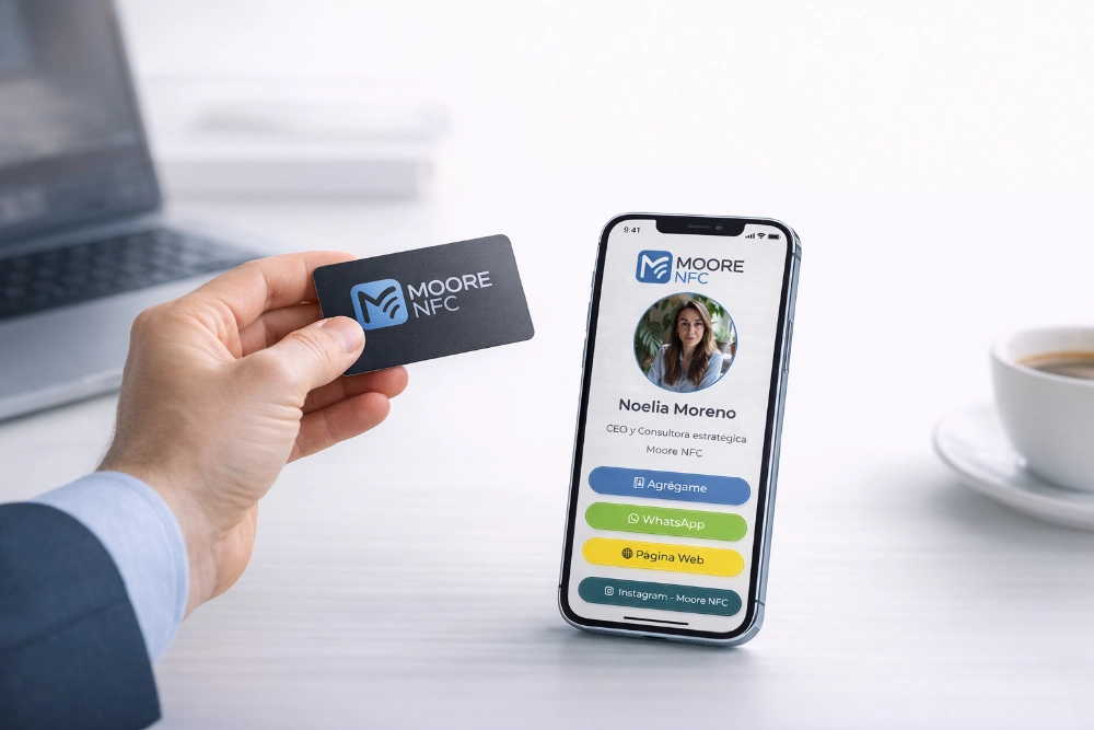 Perfil digital de contacto Moore NFC con tarjeta NFC y botones de contacto como WhatsApp, web y guardar contacto
